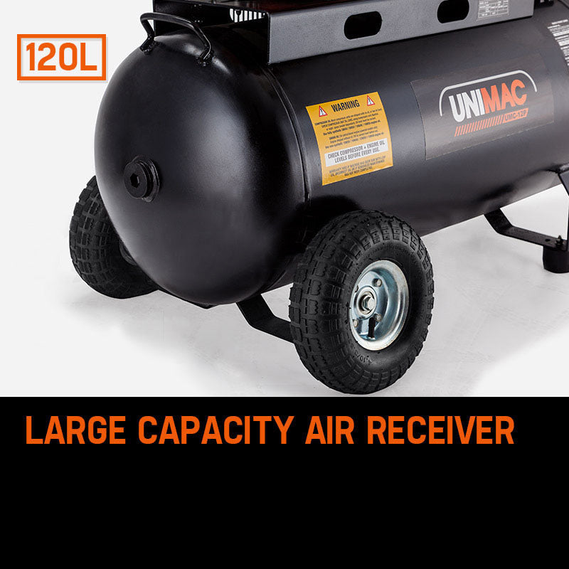 The UNIMAC 8HP Air Compressor 115PSI 120L Petrol Powered Industrial Air Conditioning is an industrial air compressor featuring a black cylindrical tank with multiple gauges, pistons, and hoses. The brand name "UNIMAC" is prominently displayed on the side. With an 8HP petrol engine, it has sturdy wheels and handles for mobility, plus a warning label for safety. It boasts black, red, and silver components.