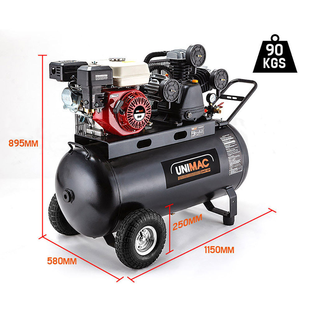 The UNIMAC 8HP Air Compressor 115PSI 120L Petrol Powered Industrial Air Conditioning is an industrial air compressor featuring a black cylindrical tank with multiple gauges, pistons, and hoses. The brand name "UNIMAC" is prominently displayed on the side. With an 8HP petrol engine, it has sturdy wheels and handles for mobility, plus a warning label for safety. It boasts black, red, and silver components.