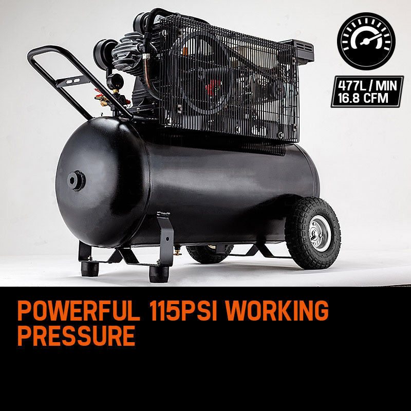 The UNIMAC 8HP Air Compressor 115PSI 120L Petrol Powered Industrial Air Conditioning is an industrial air compressor featuring a black cylindrical tank with multiple gauges, pistons, and hoses. The brand name "UNIMAC" is prominently displayed on the side. With an 8HP petrol engine, it has sturdy wheels and handles for mobility, plus a warning label for safety. It boasts black, red, and silver components.