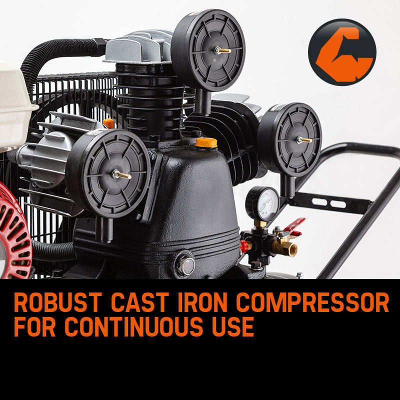 The UNIMAC 8HP Air Compressor 115PSI 120L Petrol Powered Industrial Air Conditioning is an industrial air compressor featuring a black cylindrical tank with multiple gauges, pistons, and hoses. The brand name "UNIMAC" is prominently displayed on the side. With an 8HP petrol engine, it has sturdy wheels and handles for mobility, plus a warning label for safety. It boasts black, red, and silver components.