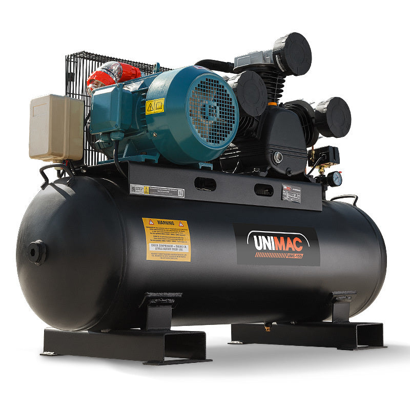 UNIMAC 150L 7.5kW Electric Air Compressor Tank 115PSI Industrial Air Conditioning 3 Phase with a large black cylindrical tank labeled "UNIMAC" and a blue motor unit on top. Equipped with a 150L receiver and Tri-V Piston Configuration, the machine has multiple connection points, safety labels, and a protective cage around parts of the motor. It stands on sturdy metal feet.