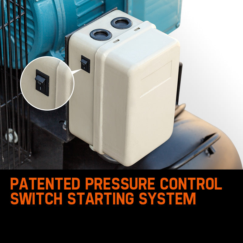 UNIMAC 150L 7.5kW Electric Air Compressor Tank 115PSI Industrial Air Conditioning 3 Phase with a large black cylindrical tank labeled "UNIMAC" and a blue motor unit on top. Equipped with a 150L receiver and Tri-V Piston Configuration, the machine has multiple connection points, safety labels, and a protective cage around parts of the motor. It stands on sturdy metal feet.