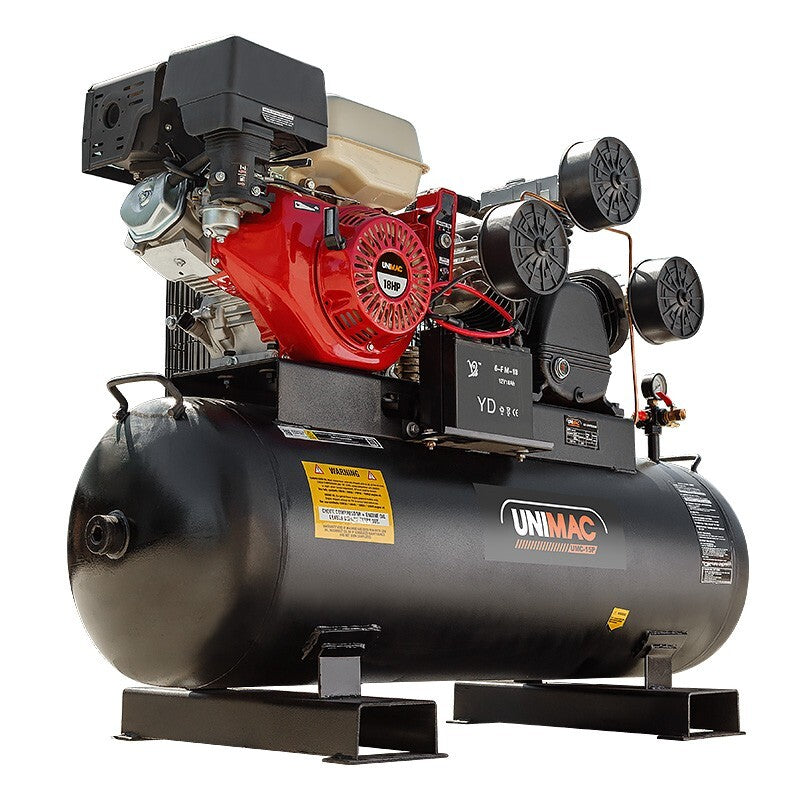 A black and red UNIMAC 18HP Industrial Petrol Air Compressor 115PSI 150L Tank with Electric Key Start with two cylindrical tanks, gauges, and an 18HP OHV engine. The brand name is visible on a label on the tanks. The air compressor is standing on metal feet, and there are multiple hoses connected to the gauges.