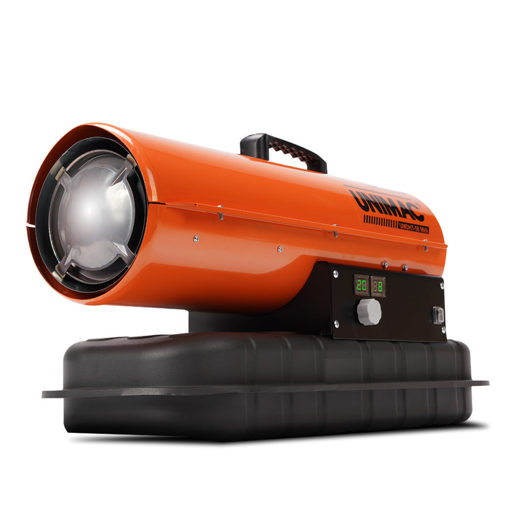 A portable, industrial-grade heater with a bright orange cylindrical body and a black base featuring control dials and a digital display. The UNIMAC 20KW Portable Industrial Diesel Indirect Forced Air Space Heater has an electric start ignition and prominently displays "UNIMAC" on the side, with a carrying handle on top.