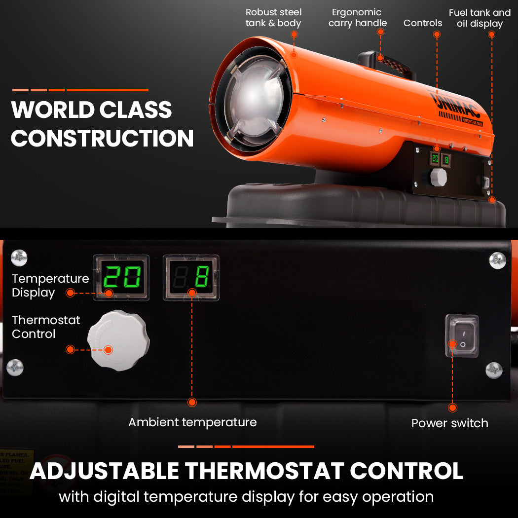 A portable, industrial-grade heater with a bright orange cylindrical body and a black base featuring control dials and a digital display. The UNIMAC 20KW Portable Industrial Diesel Indirect Forced Air Space Heater has an electric start ignition and prominently displays "UNIMAC" on the side, with a carrying handle on top.