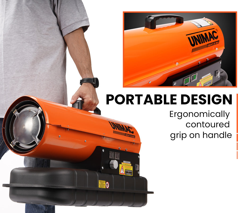 A portable, industrial-grade heater with a bright orange cylindrical body and a black base featuring control dials and a digital display. The UNIMAC 20KW Portable Industrial Diesel Indirect Forced Air Space Heater has an electric start ignition and prominently displays "UNIMAC" on the side, with a carrying handle on top.