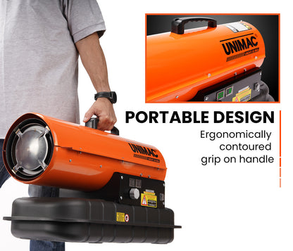 A portable, industrial-grade heater with a bright orange cylindrical body and a black base featuring control dials and a digital display. The UNIMAC 20KW Portable Industrial Diesel Indirect Forced Air Space Heater has an electric start ignition and prominently displays "UNIMAC" on the side, with a carrying handle on top.