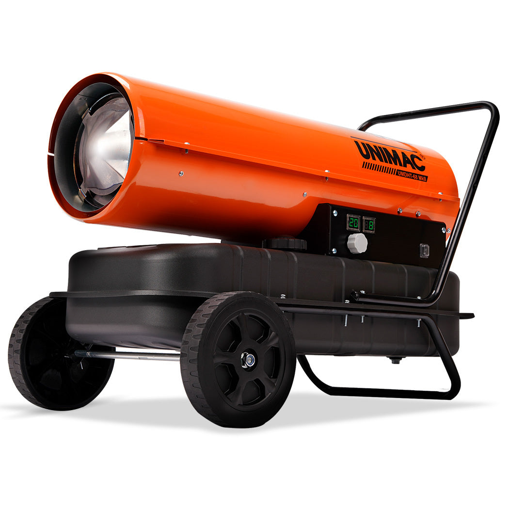 The UNIMAC 30KW Portable Industrial Diesel Indirect Forced Air Space Heater is a portable industrial diesel space heater, boasting an orange outer casing, black base, and wheels for mobility. The brand "UNIMAC" is printed on its cylindrical side, along with a control panel. This heater is designed for commercial heating solutions in large spaces.