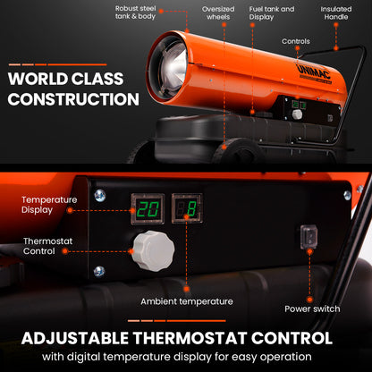 The UNIMAC 30KW Portable Industrial Diesel Indirect Forced Air Space Heater is a portable industrial diesel space heater, boasting an orange outer casing, black base, and wheels for mobility. The brand "UNIMAC" is printed on its cylindrical side, along with a control panel. This heater is designed for commercial heating solutions in large spaces.