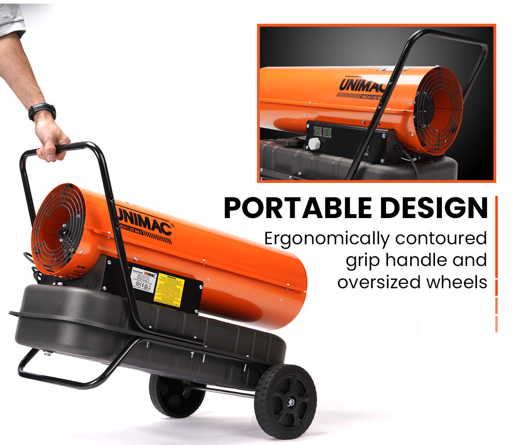 The UNIMAC 30KW Portable Industrial Diesel Indirect Forced Air Space Heater is a portable industrial diesel space heater, boasting an orange outer casing, black base, and wheels for mobility. The brand "UNIMAC" is printed on its cylindrical side, along with a control panel. This heater is designed for commercial heating solutions in large spaces.