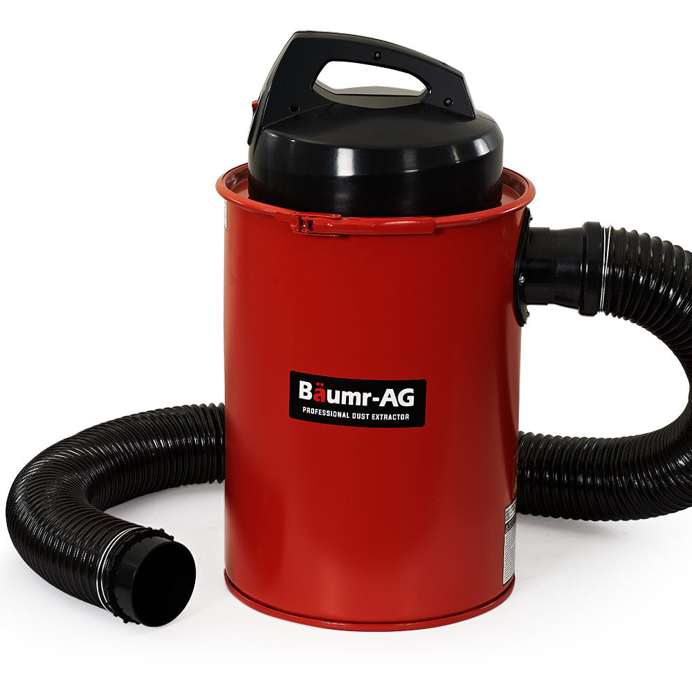 A red Tradie's Mate Baumr-AG Dust Collector Extractor Woodworking Portable Vacuum Catcher Saw with a black lid and handle. It features a large black hose attached to the side, perfect for extracting dust and debris in your woodworking projects. The cylindrical unit has a sleek, compact design, making it an efficient dust collection system.