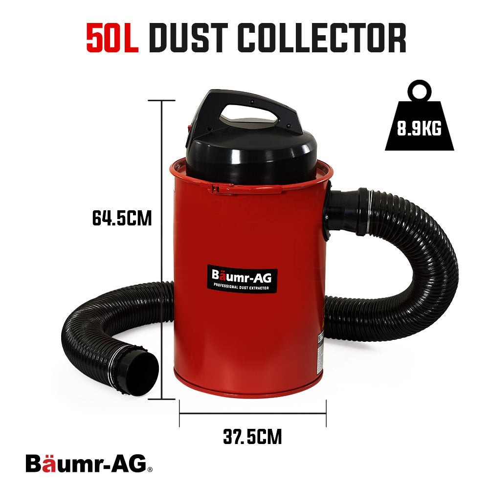 A red Tradie's Mate Baumr-AG Dust Collector Extractor Woodworking Portable Vacuum Catcher Saw with a black lid and handle. It features a large black hose attached to the side, perfect for extracting dust and debris in your woodworking projects. The cylindrical unit has a sleek, compact design, making it an efficient dust collection system.