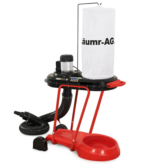 A red and black Baumr-AG Dust Collector Extraction Cyclone Woodworking Portable Catcher Workshop features a white filter bag on top, labeled 'fraümer-AG'. This portable dust collector includes a motor, flexible hose, and waste collection container at the bottom, all mounted on a wheeled frame for easy mobility.