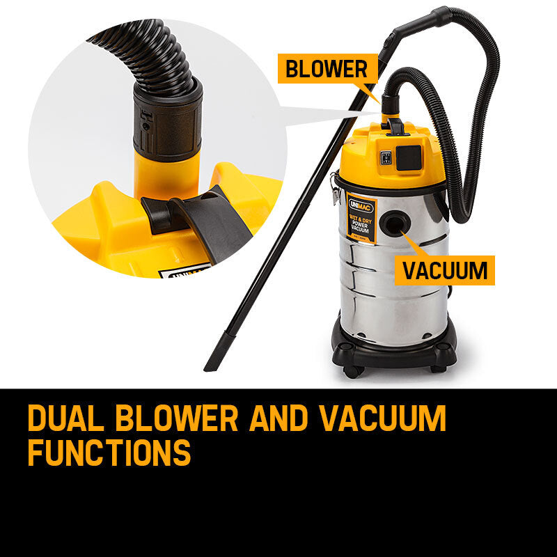 A heavy-duty 30L stainless steel vacuum cleaner with a metallic cylindrical body on wheels. It has a yellow top and a black hose extending to a floor attachment. The black handle ensures easy maneuverability, while the powerful 2000W motor delivers excellent performance. The brand name "UNIMAC 30L Wet and Dry Vacuum Cleaner Blower Bagless 2000W Drywall Vac" is visible on the front.