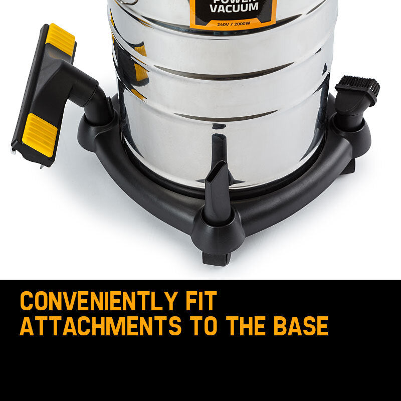 A heavy-duty 30L stainless steel vacuum cleaner with a metallic cylindrical body on wheels. It has a yellow top and a black hose extending to a floor attachment. The black handle ensures easy maneuverability, while the powerful 2000W motor delivers excellent performance. The brand name "UNIMAC 30L Wet and Dry Vacuum Cleaner Blower Bagless 2000W Drywall Vac" is visible on the front.