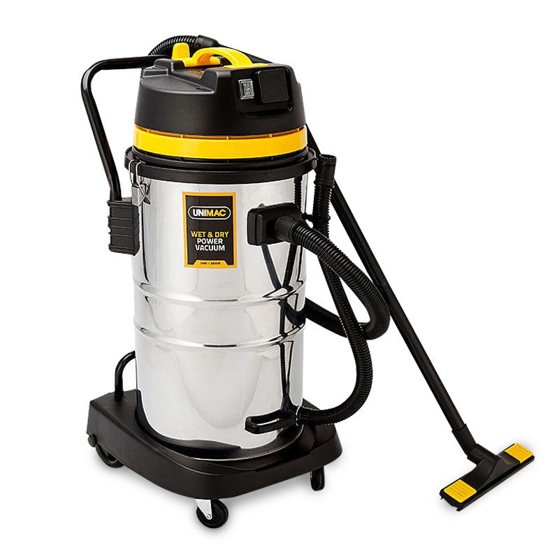 A large industrial wet and dry vacuum cleaner, the UNIMAC 60L Wet and Dry Vacuum Cleaner Bagless Industrial Grade Drywall Vac features a shiny metallic body, black and yellow top, flexible black hose, long handle attachment on a black base with wheels, and a powerful motor. The brand name "UNIMAC" is prominently displayed on the top part of the vacuum.