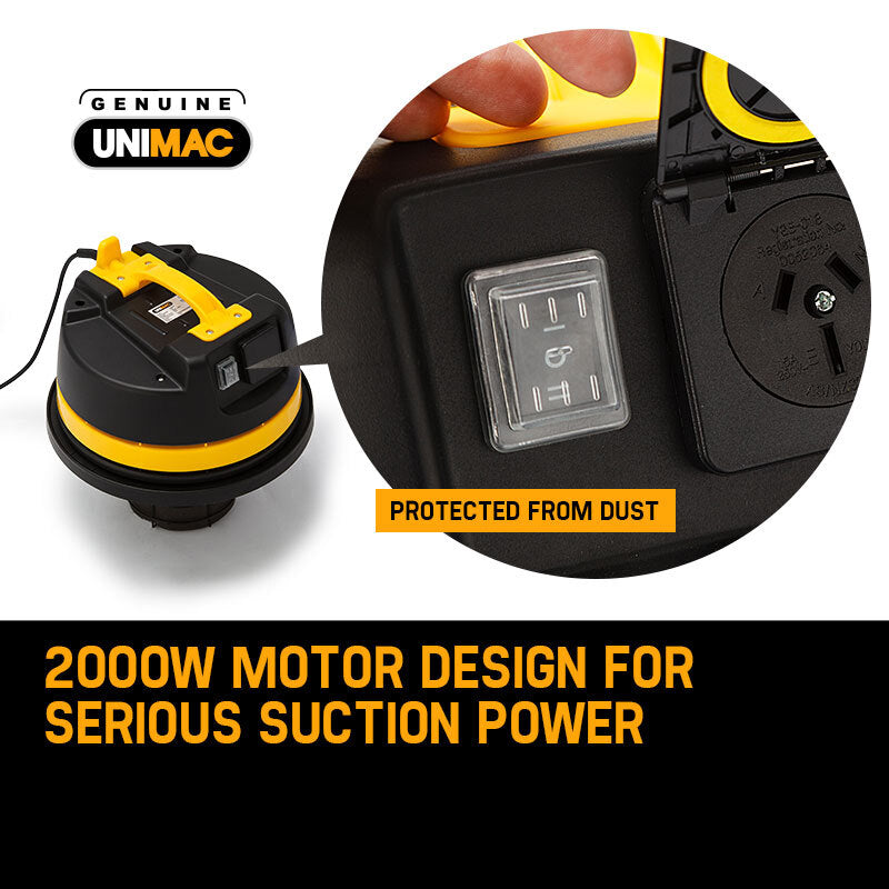 A large industrial wet and dry vacuum cleaner, the UNIMAC 60L Wet and Dry Vacuum Cleaner Bagless Industrial Grade Drywall Vac features a shiny metallic body, black and yellow top, flexible black hose, long handle attachment on a black base with wheels, and a powerful motor. The brand name "UNIMAC" is prominently displayed on the top part of the vacuum.