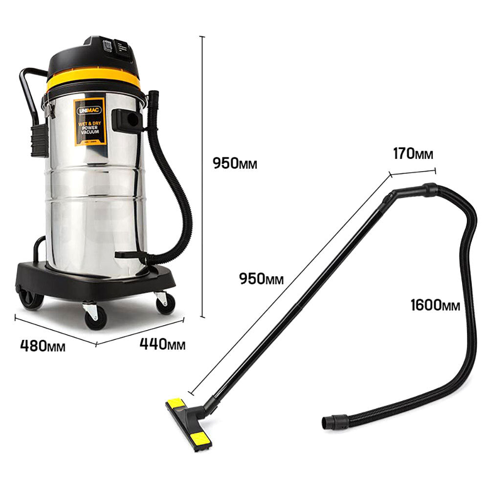 A large industrial wet and dry vacuum cleaner, the UNIMAC 60L Wet and Dry Vacuum Cleaner Bagless Industrial Grade Drywall Vac features a shiny metallic body, black and yellow top, flexible black hose, long handle attachment on a black base with wheels, and a powerful motor. The brand name "UNIMAC" is prominently displayed on the top part of the vacuum.