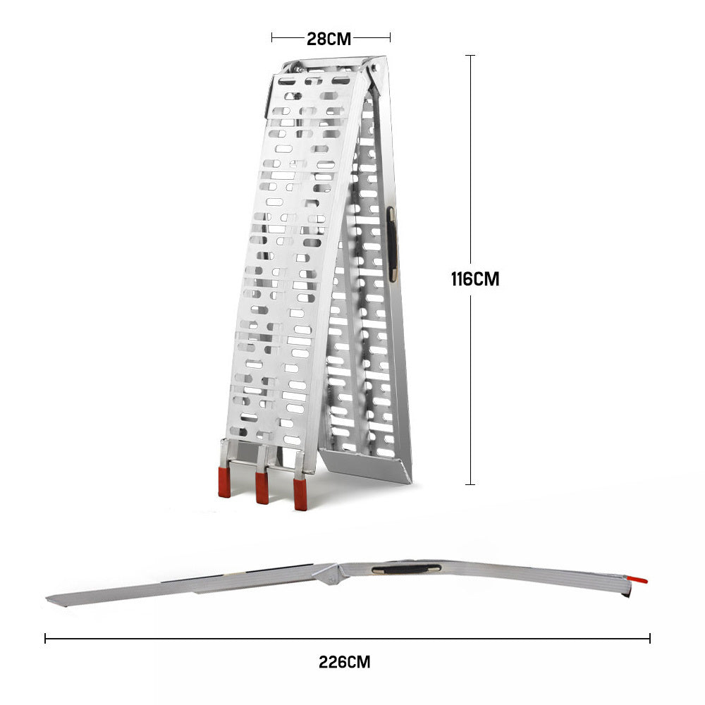 Two aluminium folding ramps are shown: one unfolded and the other partially folded, both with perforated surfaces and small red anti-slip tabs at the ends. These BULLET 2.3m Aluminium Loading Ramps, 680kg Rated, for Trailer ATV Quad Bike Buggy, 2 Pieces are designed to assist in loading items into elevated areas such as trucks or trailers, featuring safety cam lock straps for added security.