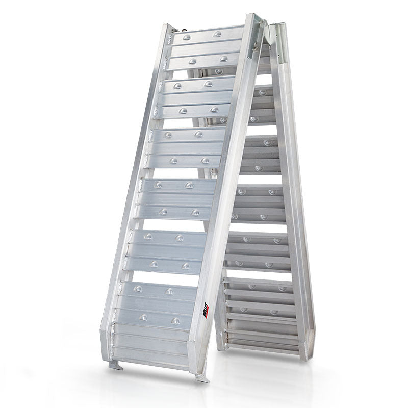 A BULLET 1.8m Aluminium Folding Loading Traction Ramp, 200kg capacity, made of marine-grade alloy, with wide, non-slip steps, is shown in a partially open position. The ultra-light design ensures stability and is suitable for various uses in both home and professional environments. The surface appears sturdy and durable.