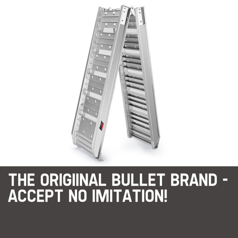 A BULLET 1.8m Aluminium Folding Loading Traction Ramp, 200kg capacity, made of marine-grade alloy, with wide, non-slip steps, is shown in a partially open position. The ultra-light design ensures stability and is suitable for various uses in both home and professional environments. The surface appears sturdy and durable.