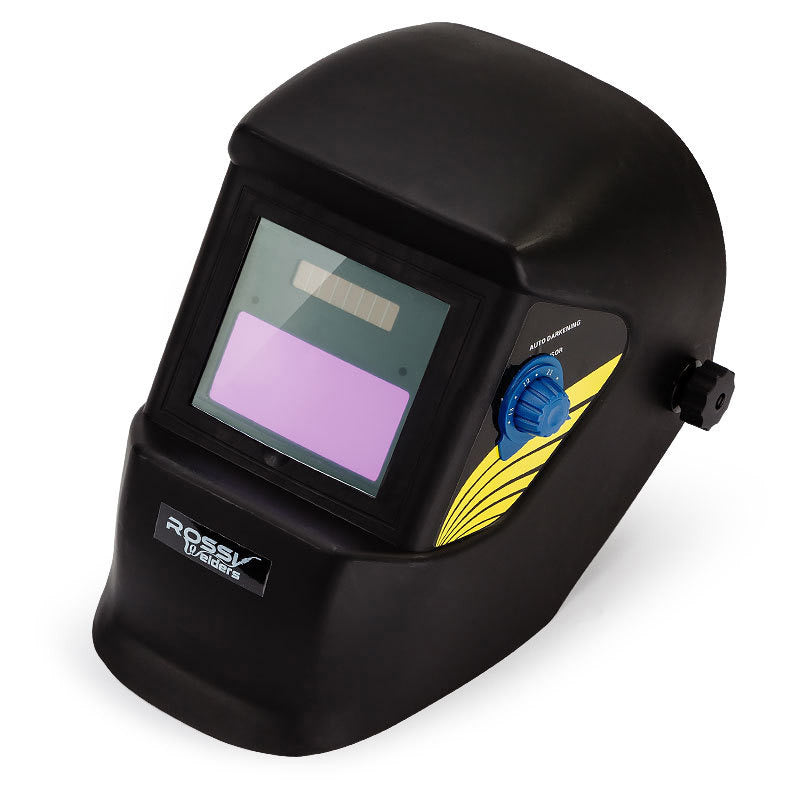 A black ROSSI Solar Welding Helmet Auto Darkening Welder Mask Lens ARC TIG MIG MAG with an auto-darkening feature and a tinted viewing screen. The helmet has a blue adjustment knob on the side, a slight yellow accent design, and boasts automatic tinting. It also features the Rossy logo prominently on the front.