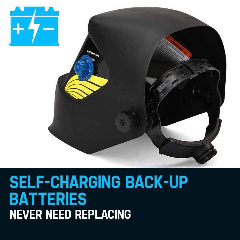 A black ROSSI Solar Welding Helmet Auto Darkening Welder Mask Lens ARC TIG MIG MAG with an auto-darkening feature and a tinted viewing screen. The helmet has a blue adjustment knob on the side, a slight yellow accent design, and boasts automatic tinting. It also features the Rossy logo prominently on the front.