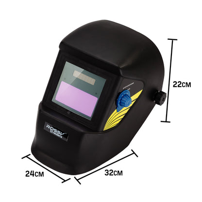 A black ROSSI Solar Welding Helmet Auto Darkening Welder Mask Lens ARC TIG MIG MAG with an auto-darkening feature and a tinted viewing screen. The helmet has a blue adjustment knob on the side, a slight yellow accent design, and boasts automatic tinting. It also features the Rossy logo prominently on the front.