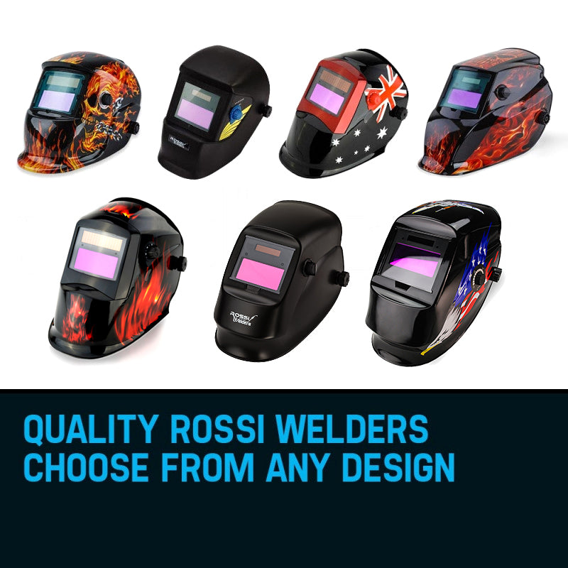 A black ROSSI Solar Welding Helmet Auto Darkening Welder Mask Lens ARC TIG MIG MAG with an auto-darkening feature and a tinted viewing screen. The helmet has a blue adjustment knob on the side, a slight yellow accent design, and boasts automatic tinting. It also features the Rossy logo prominently on the front.