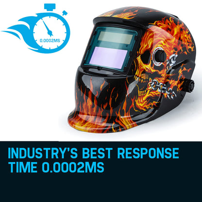 A black ROSSI Solar Auto Darkening Welding Helmet Mask MIG/ARC/TIG Welder Machine with an artistic design featuring vibrant flames and a fiery skull on the sides. This solar helmet boasts a wide viewing window with automatic tinting and an adjustable knob for optimal comfort.