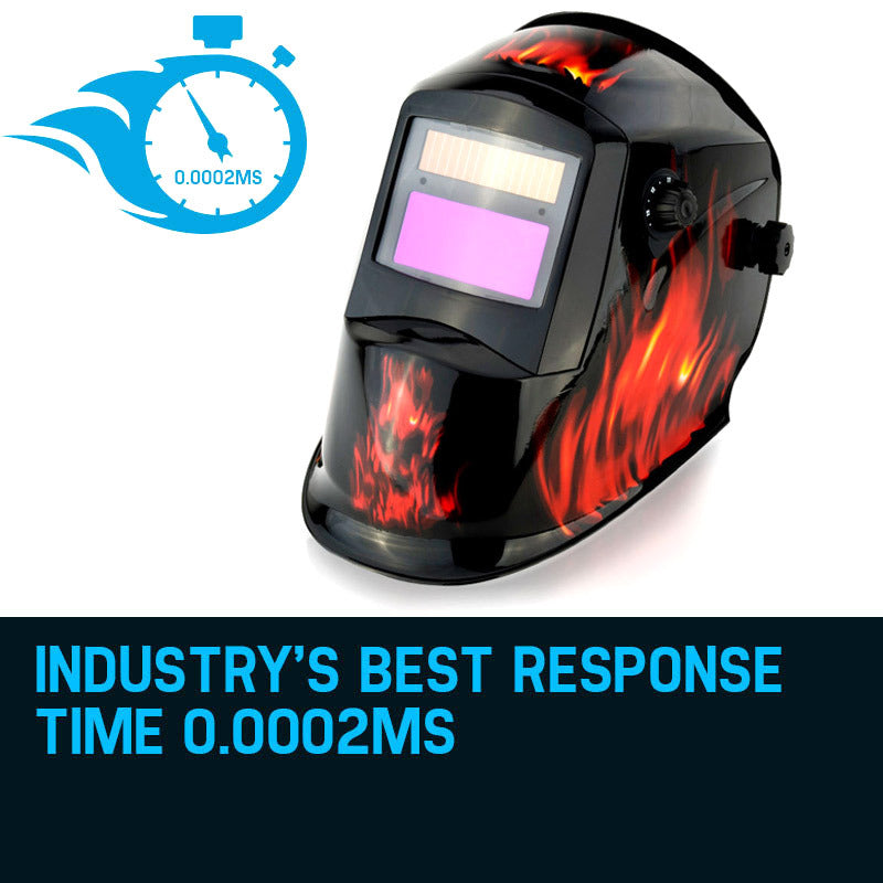 The ROSSI Solar Auto Darkening Welding Helmet Mask MIG/ARC/TIG Welder Machine showcases a striking red and orange flame design on a sleek black surface. This automatic tinting helmet features an adjustable knob on the side and a large viewing window with an auto-darkening filter, highlighted in purple.