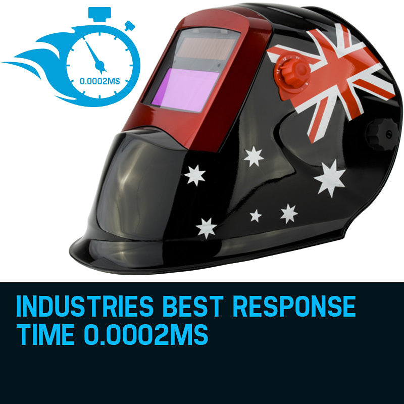 The ROSSI Solar Auto Darkening Welding Helmet MIG/ARC/TIG Welder Machine Mask, featuring a sleek black design with red trim around the viewing area, proudly displays the Australian flag with its iconic red, white, and blue design, including the Union Jack and Southern Cross stars. This helmet also boasts automatic tinting and adjustable knobs on the sides.