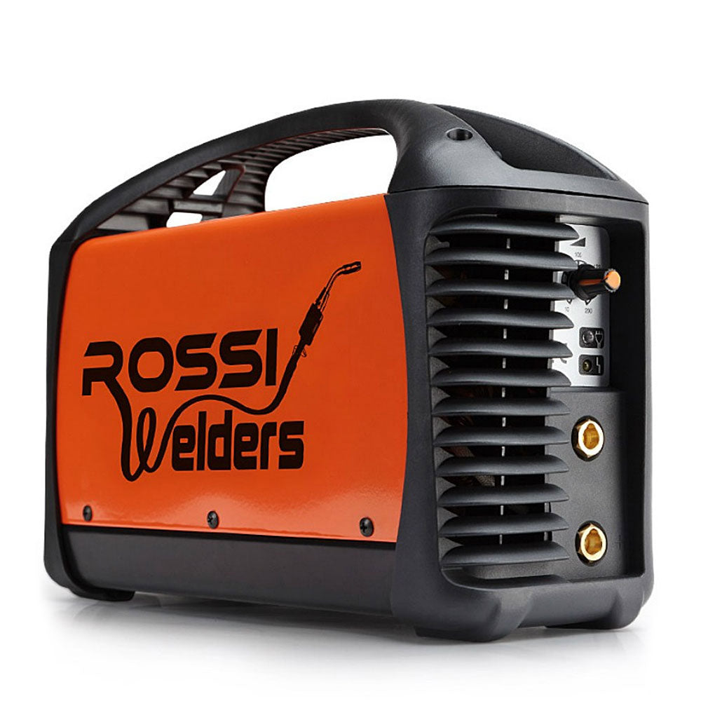 A compact, portable welding machine branded "ROSSI Welder Inverter ARC 200Amp Welding Machine DC iGBT Stick Portable," the Rossi Arc200 Inverter Welder features a bright orange and black color scheme with vents, control knobs, and connectors on the side. Equipped with an iGBT inverter welder technology, it has a built-in handle for easy carrying.