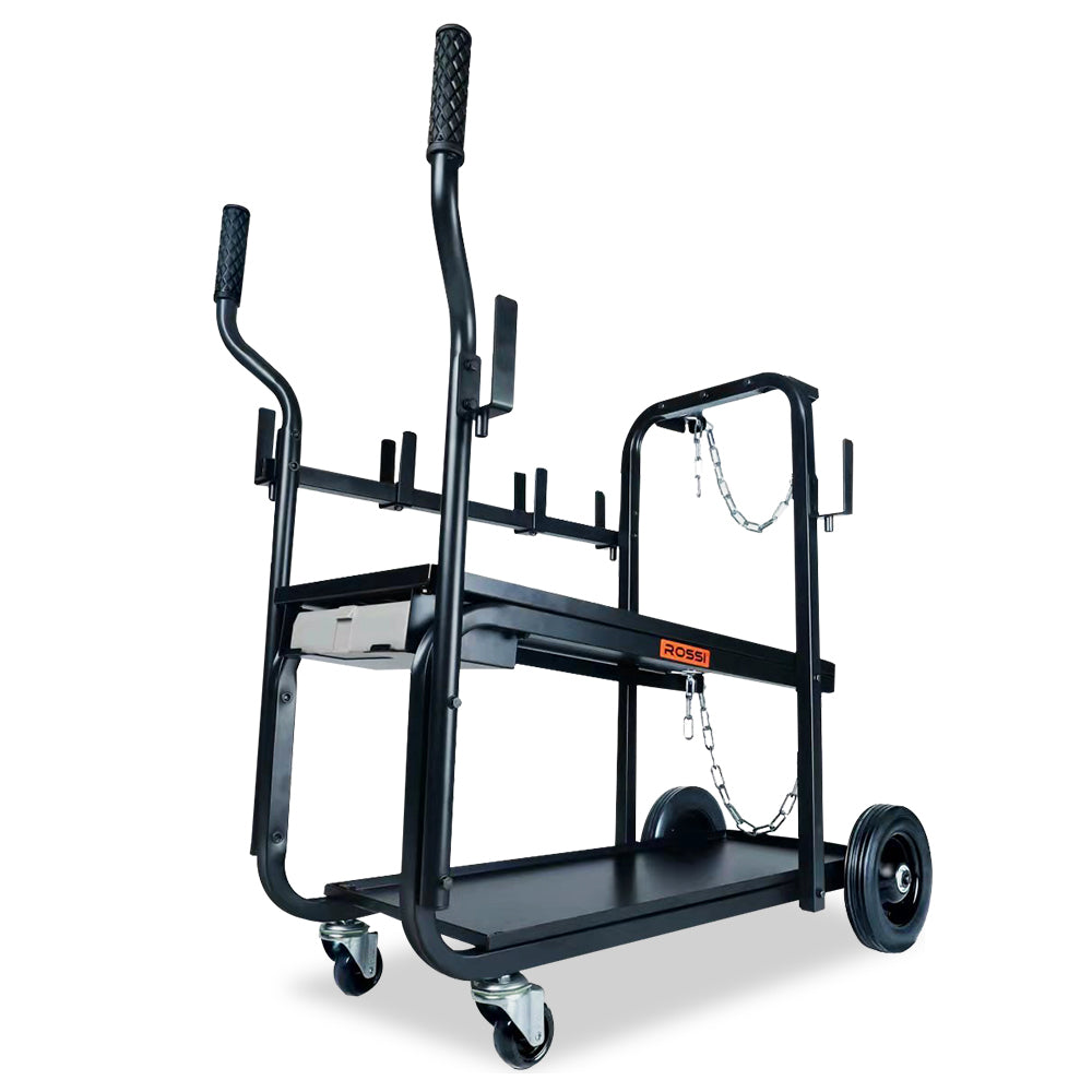 A heavy-duty black welding trolley with a metal frame, rubber wheels, and two handles. The cart has a flat bottom shelf and several vertical prongs with chains, designed to securely hold gas cylinders. The brand "ROSSI Heavy-Duty 160kg Capacity Welding Cart Trolley, with Consumables Case" is visible on the side.