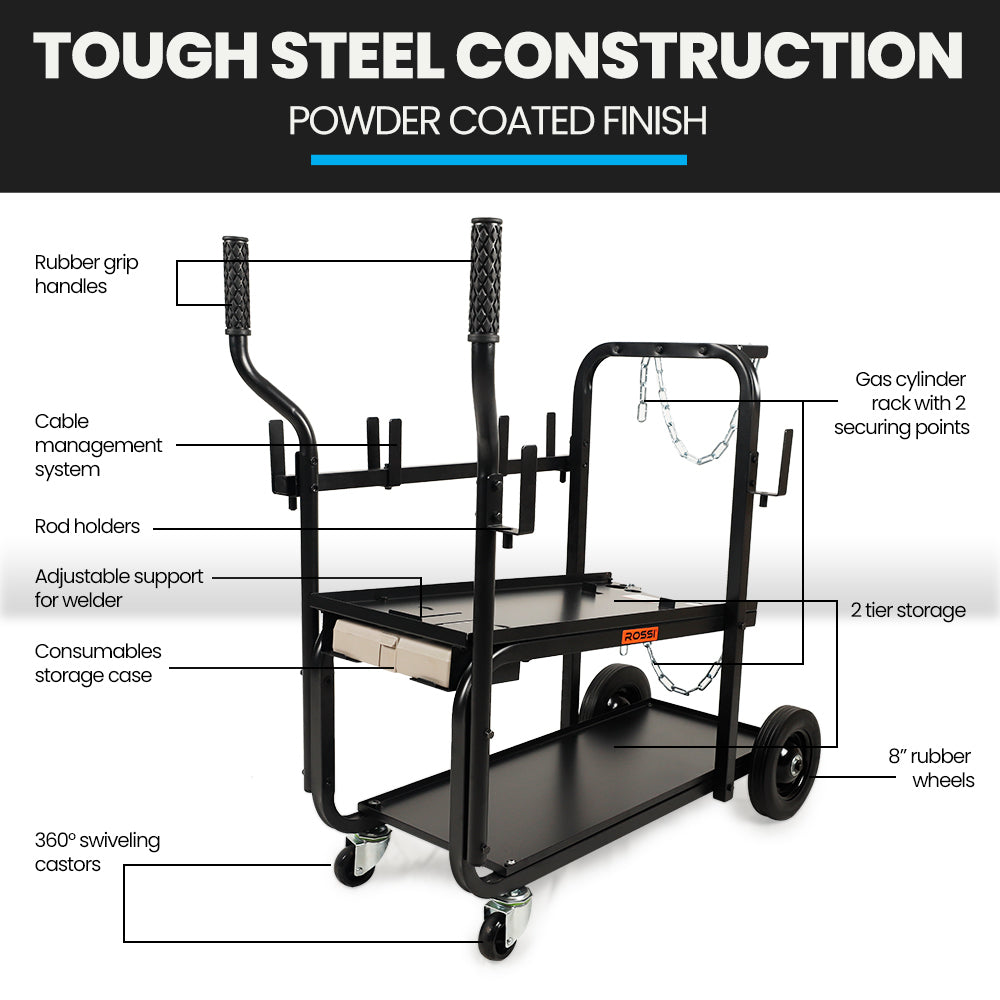 A heavy-duty black welding trolley with a metal frame, rubber wheels, and two handles. The cart has a flat bottom shelf and several vertical prongs with chains, designed to securely hold gas cylinders. The brand "ROSSI Heavy-Duty 160kg Capacity Welding Cart Trolley, with Consumables Case" is visible on the side.