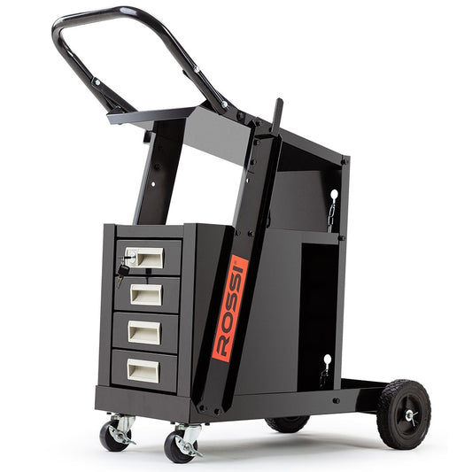 A black, steel welding cart with the brand name "ROSSI" in red on the side. The ROSSI Welding Trolley Cart Drawer Welder Cabinet MIG TIG ARC Plasma Cutter Bench features a tilted top shelf, four drawers with white handles, and a side shelf. It boasts solid-rubber rear wheels and two small front caster wheels for mobility.