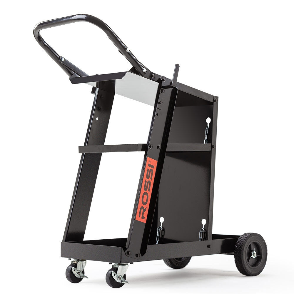 A black metal utility cart with a handle, two large solid-rubber rear wheels, and two small front wheels. It features an open frame made from powder-coated commercial steel with a flat top surface and a vertical support structure displaying the brand name "ROSSI Welding Cart Trolley MIG TIG ARC MMA Welder Plasma Cutter Storage Bench" in red on one side.