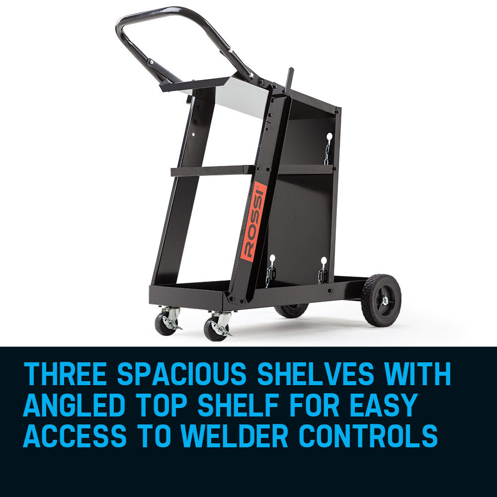 A black metal utility cart with a handle, two large solid-rubber rear wheels, and two small front wheels. It features an open frame made from powder-coated commercial steel with a flat top surface and a vertical support structure displaying the brand name "ROSSI Welding Cart Trolley MIG TIG ARC MMA Welder Plasma Cutter Storage Bench" in red on one side.