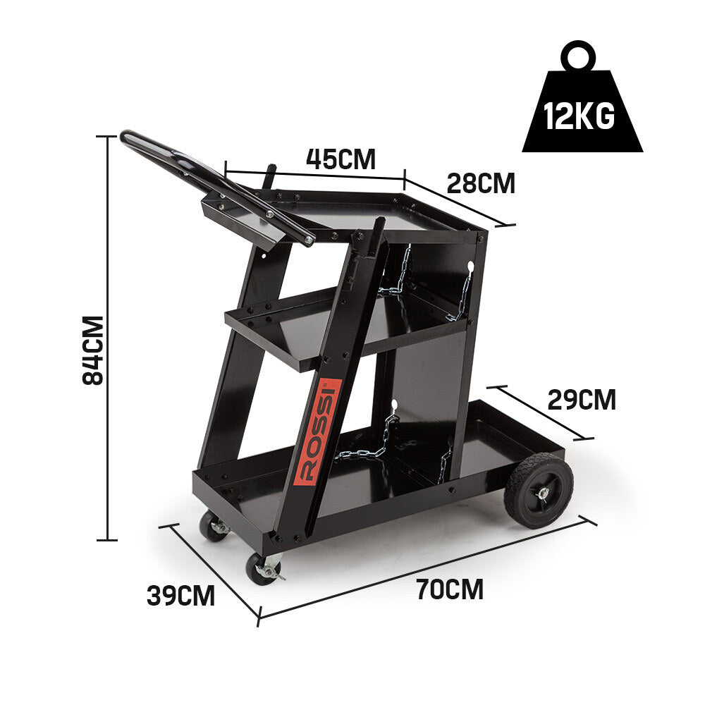 A black metal utility cart with a handle, two large solid-rubber rear wheels, and two small front wheels. It features an open frame made from powder-coated commercial steel with a flat top surface and a vertical support structure displaying the brand name "ROSSI Welding Cart Trolley MIG TIG ARC MMA Welder Plasma Cutter Storage Bench" in red on one side.