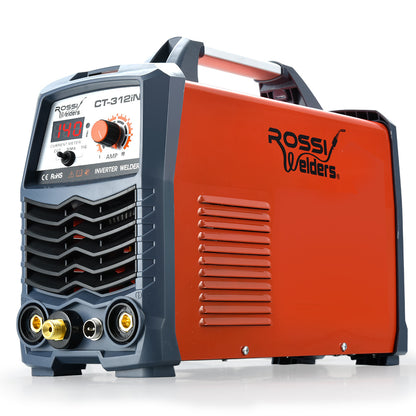 A red and gray welding machine with digital display and various knobs and connectors. The brand name "Rossi Welders" and model "CT-312iM" are visible on the front. The device features a ROSSI 140 Amp 3in1 Multi-process Plasma Cutter GTAW Stick Gas Tungsten Arc Portable Inverter TIG Welder and has a handle on top for portability.