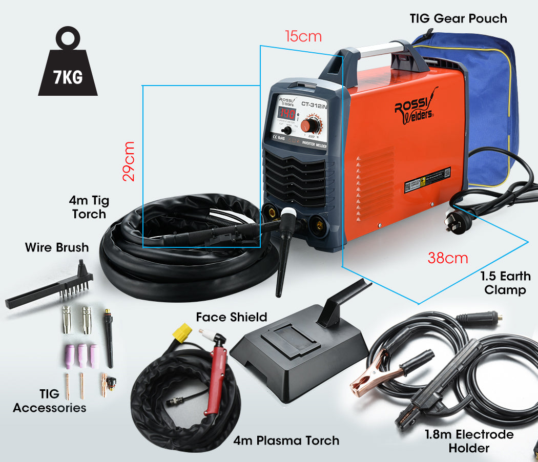 A red and gray welding machine with digital display and various knobs and connectors. The brand name "Rossi Welders" and model "CT-312iM" are visible on the front. The device features a ROSSI 140 Amp 3in1 Multi-process Plasma Cutter GTAW Stick Gas Tungsten Arc Portable Inverter TIG Welder and has a handle on top for portability.