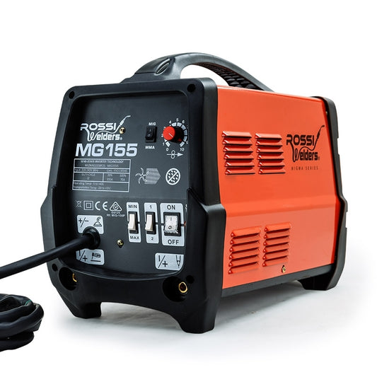 This image shows a ROSSI 155Amp MIG ARC MAG Gas Gasless Welder DC Welding Machine Inverter Tool, featuring MIG/MAG/MMA technology. The device has an orange and black casing, multiple control knobs, switches, and ports on its front panel. An attached power cable is visible, and the machine appears sturdy and portable with a handle on top.