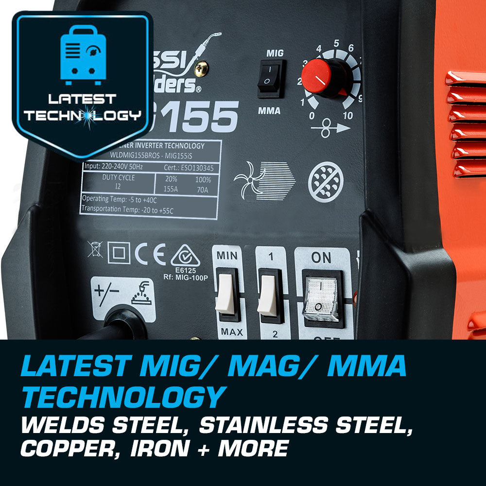 This image shows a ROSSI 155Amp MIG ARC MAG Gas Gasless Welder DC Welding Machine Inverter Tool, featuring MIG/MAG/MMA technology. The device has an orange and black casing, multiple control knobs, switches, and ports on its front panel. An attached power cable is visible, and the machine appears sturdy and portable with a handle on top.