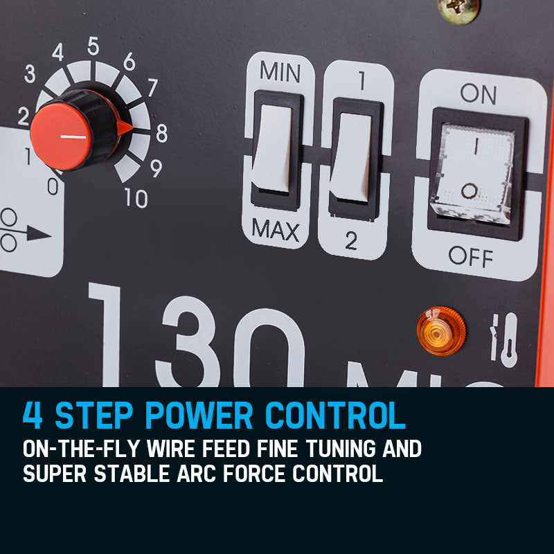 A red ROSSI 130Amp MIG Gas Gasless Welder Metal Inert Welding Machine Tool with a black handle and control panel. The control panel features a power switch, amperage dial, and indicator lights. Various cables are connected to the machine, boasting the latest in MIG technology for optimal performance at 130A current.