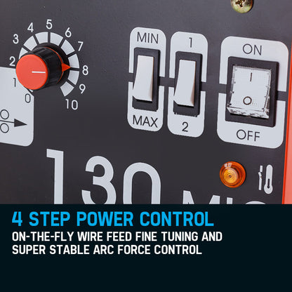 A red ROSSI 130Amp MIG Gas Gasless Welder Metal Inert Welding Machine Tool with a black handle and control panel. The control panel features a power switch, amperage dial, and indicator lights. Various cables are connected to the machine, boasting the latest in MIG technology for optimal performance at 130A current.