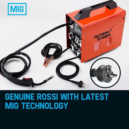 A red ROSSI 130Amp MIG Gas Gasless Welder Metal Inert Welding Machine Tool with a black handle and control panel. The control panel features a power switch, amperage dial, and indicator lights. Various cables are connected to the machine, boasting the latest in MIG technology for optimal performance at 130A current.