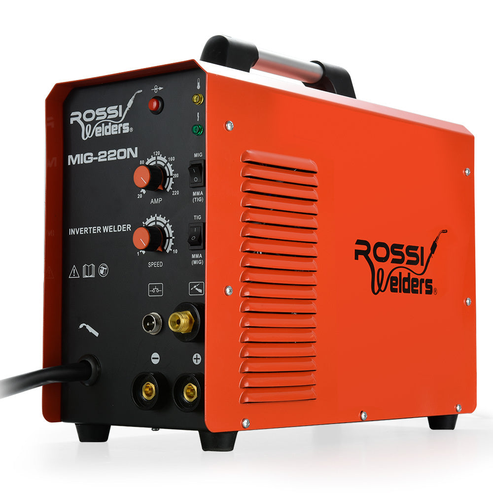 An orange ROSSI 220A MIG Welder Inverter TIG Gasless Portable Welding Machine MMA ARC 15A Plug with a black front panel, knobs, and switches for adjusting settings. A top handle ensures easy carrying, and ventilation slits are on the side. Various input/output ports showcase advanced welding technology on the front.