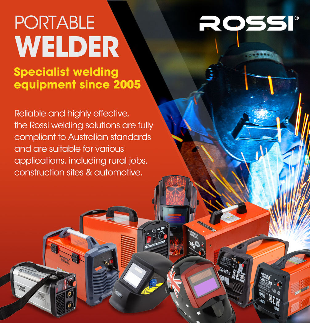 An orange ROSSI 220A MIG Welder Inverter TIG Gasless Portable Welding Machine MMA ARC 15A Plug with a black front panel, knobs, and switches for adjusting settings. A top handle ensures easy carrying, and ventilation slits are on the side. Various input/output ports showcase advanced welding technology on the front.