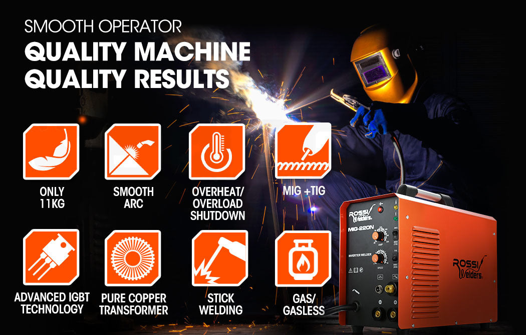 An orange ROSSI 220A MIG Welder Inverter TIG Gasless Portable Welding Machine MMA ARC 15A Plug with a black front panel, knobs, and switches for adjusting settings. A top handle ensures easy carrying, and ventilation slits are on the side. Various input/output ports showcase advanced welding technology on the front.