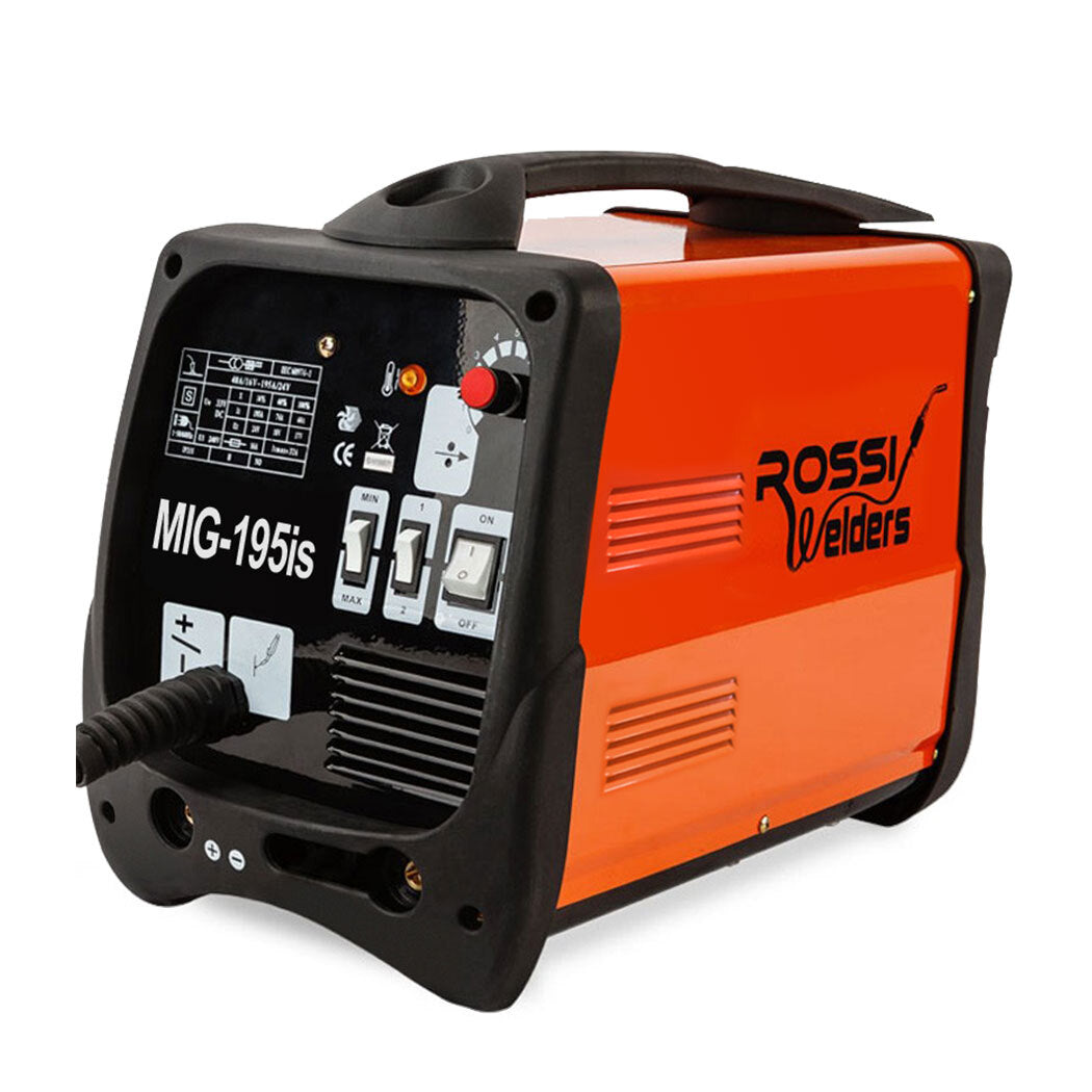 A red and black ROSSI 195Amp Welder MIG ARC MAG Welding Machine Gas / Gasless Portable 195A by Rossi Welders is shown. The machine, perfect for metal body works, features controls on the front panel including dials, switches, and indicators, a handle on top for portability, and a cable extending from the front.